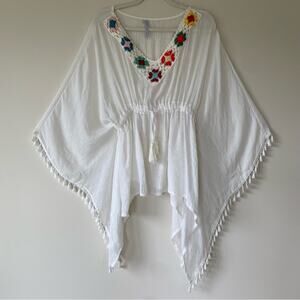 Care of You Crochet Neckline Caftan Coverup Drawstring Waist White Size OS